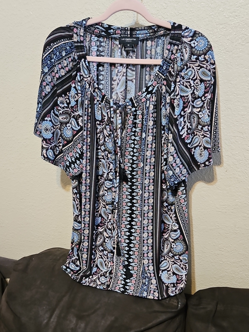 Liz Claiborne Black Paisley Tie-Front Blouse with Blue & White Accents